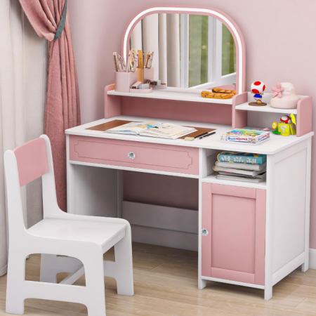 Children's Desk And Chair Set With Mirror, Light, And Bookshelf